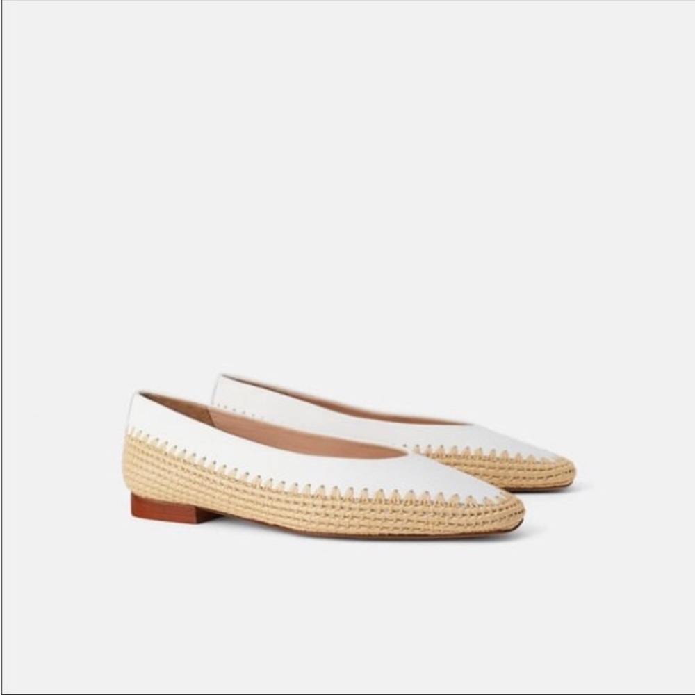 Zara Special Edition White Leather Ballet Flats with Jute Trim - 40 - NWTags